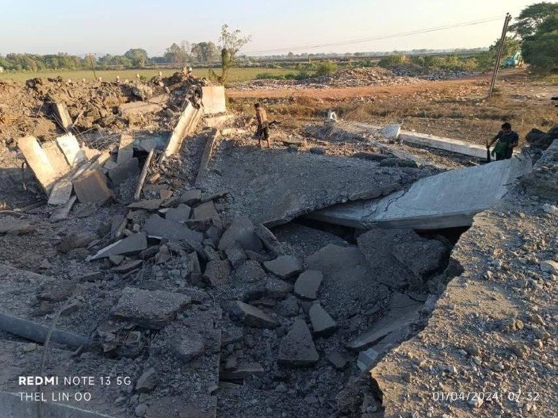 Opposition fighters destroy a small bridge along the highway between the towns of Kyauktaga and Phyu, 4 January 2024. (Photo: PCT News)